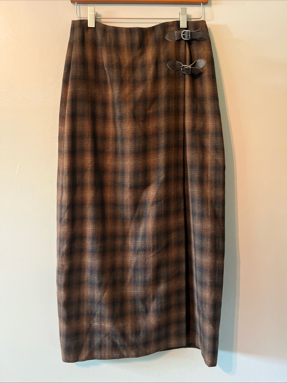 Women’s Embassy Row Pure Wool Maxi Wrap Skirt Brown Black Cream Size 8